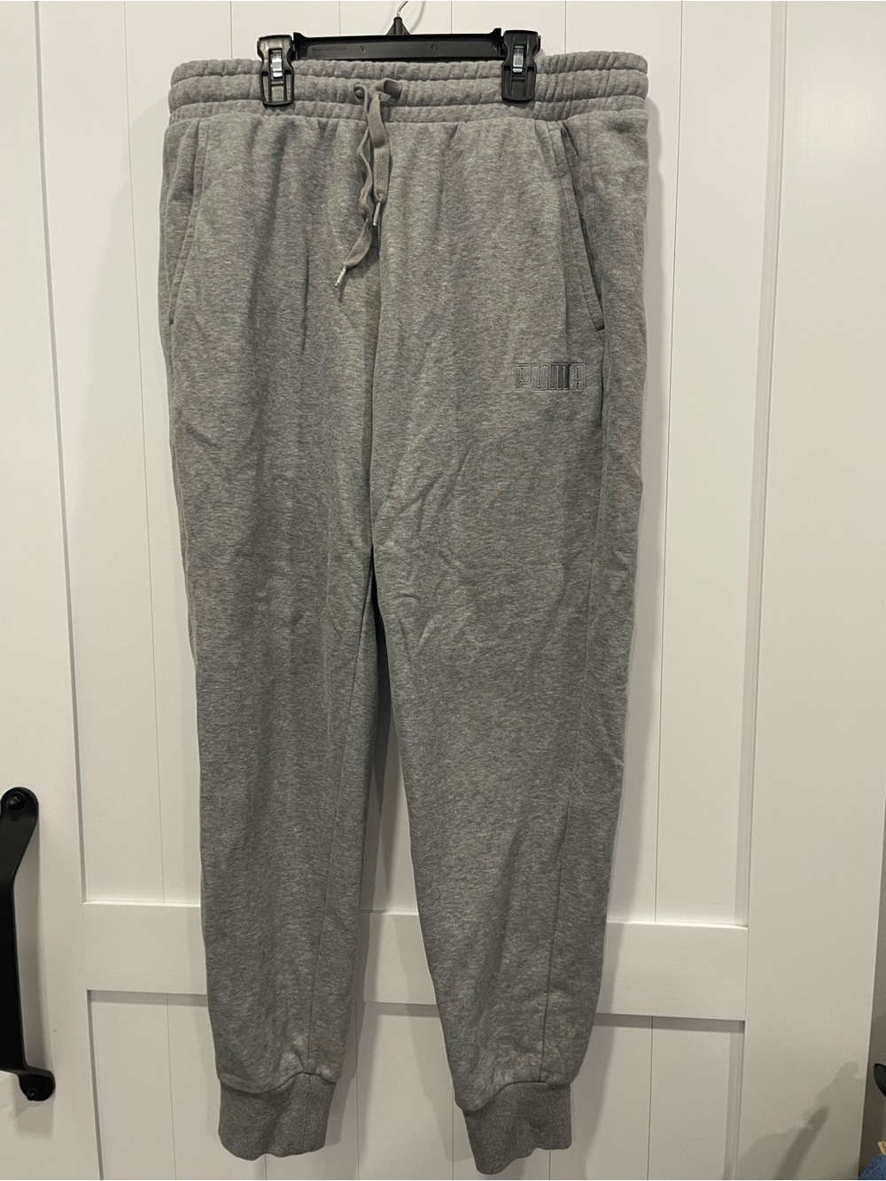 Puma Men’s Light Gray Fleece Joggers with Drawstring large